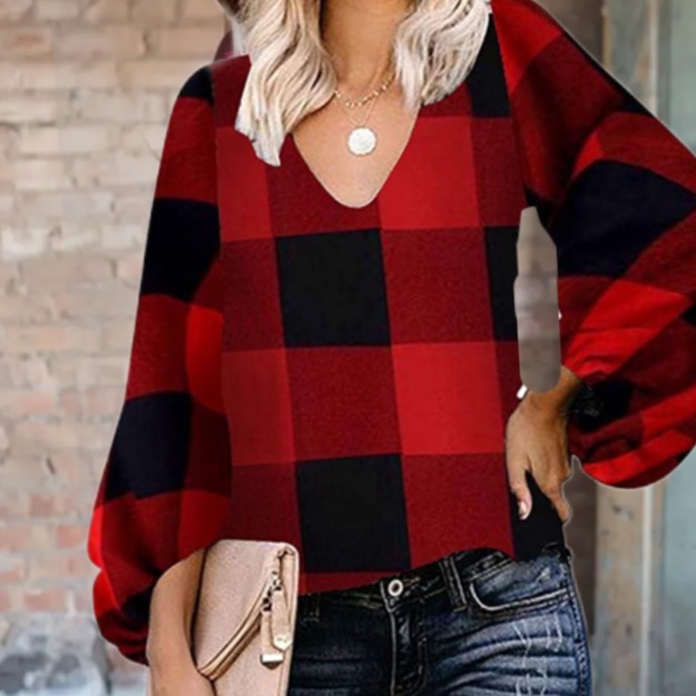 - PUFF SLEEVES PLAID TOP WOMENS - Picture 2 of 2